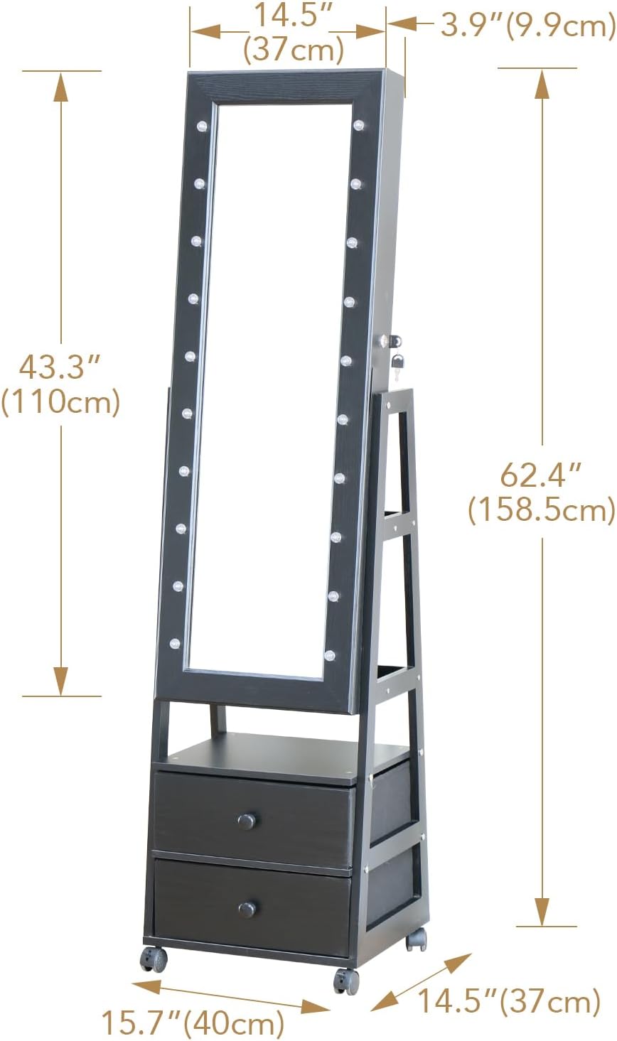 Jewelry Armoire Cabinet Organizer Standing with 20 LED Lights Lockable Full Length Mirror with Storage Shelves and 2 Drawers (Black) Adjustable Tilt Angles Gift for Her