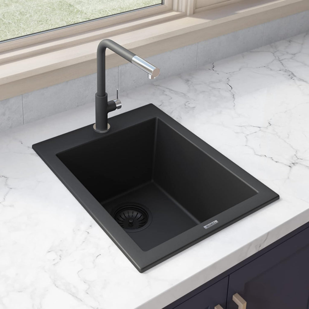 Ruvati 16 x 20 inch epiGranite Drop-in Topmount Granite Composite Quartz Single Bowl Wet Bar Prep Sink - Midnight Black - RVG1016BK