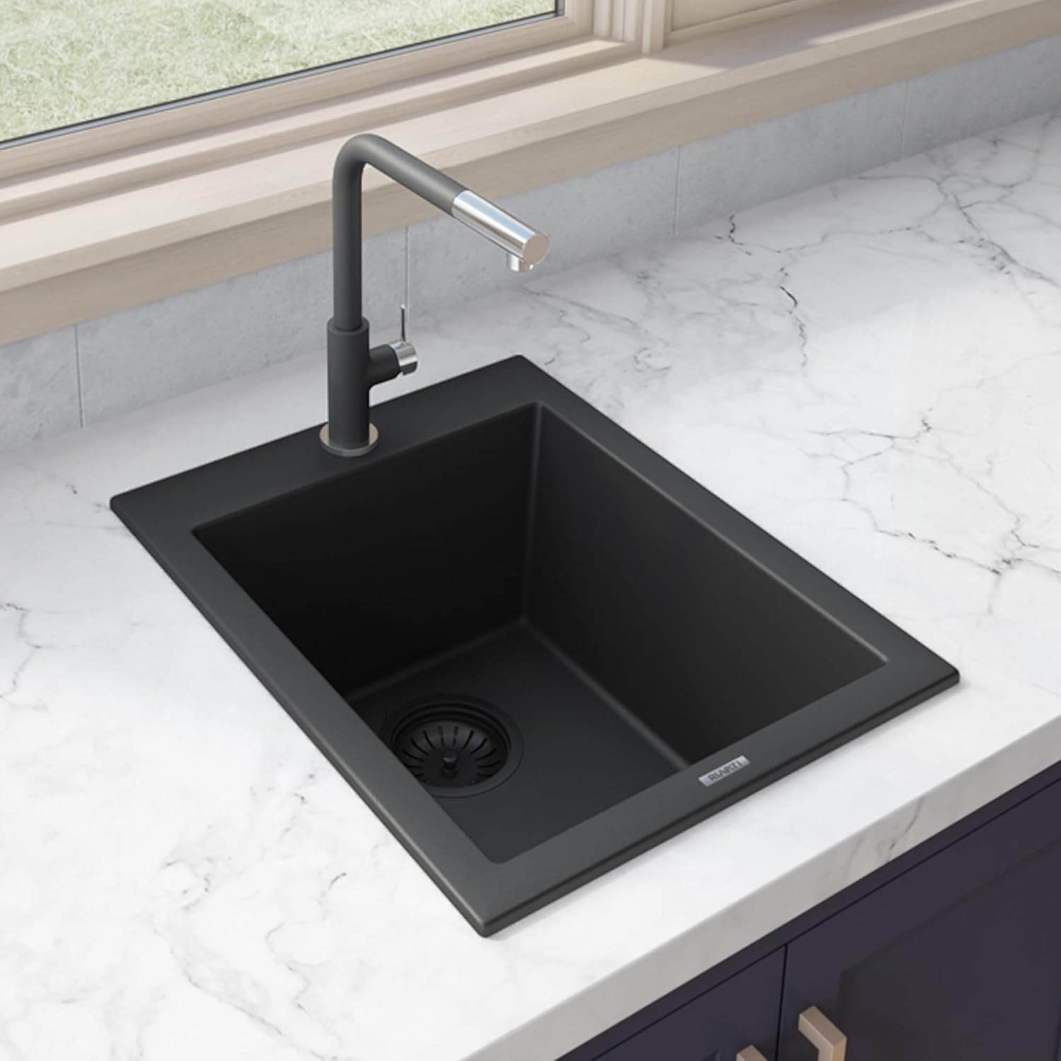 Ruvati 16 x 20 inch epiGranite Drop-in Topmount Granite Composite Quartz Single Bowl Wet Bar Prep Sink - Midnight Black - RVG1016BK