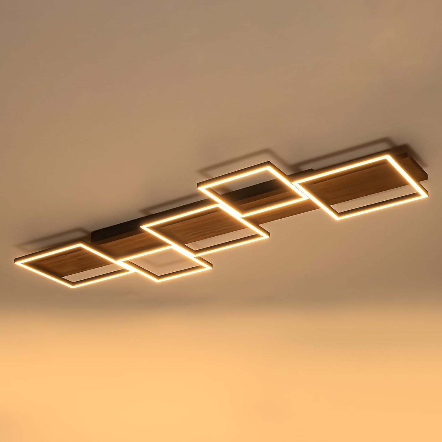 Lingkai 47.2' LED Modern Ceiling Lights Wooden Square Rectangular Lamp Fixture Wood,Large Modern Kitchen Ceiling Lighting Fixtures 3000K for Island Bedroom Living Room Hallways