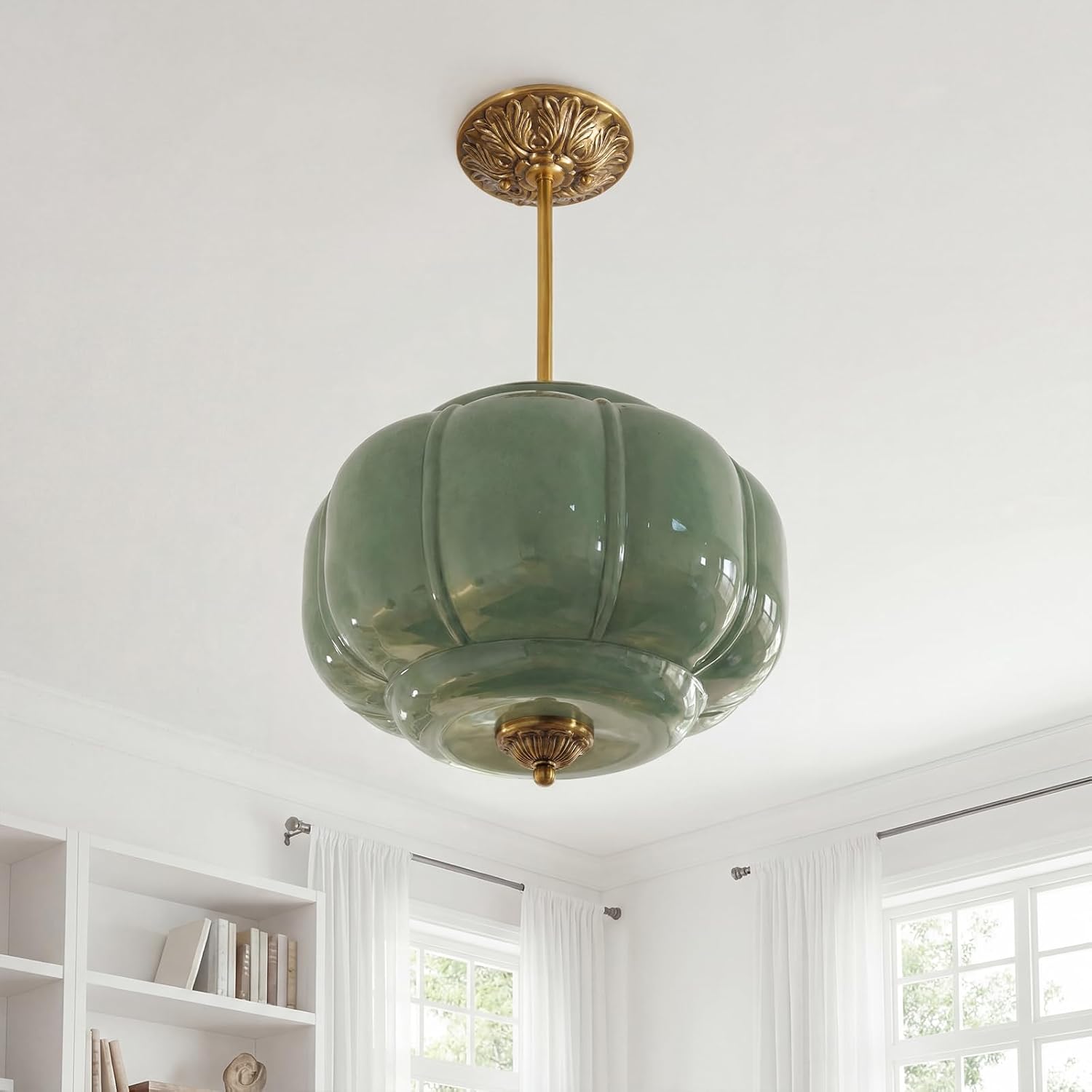 Milk Glass Ceiling Light Fixture - Antique Brass Semi Flush Mount Pendant Light for Kitchen, Hallway, and Bedroom (Green 15 inch)