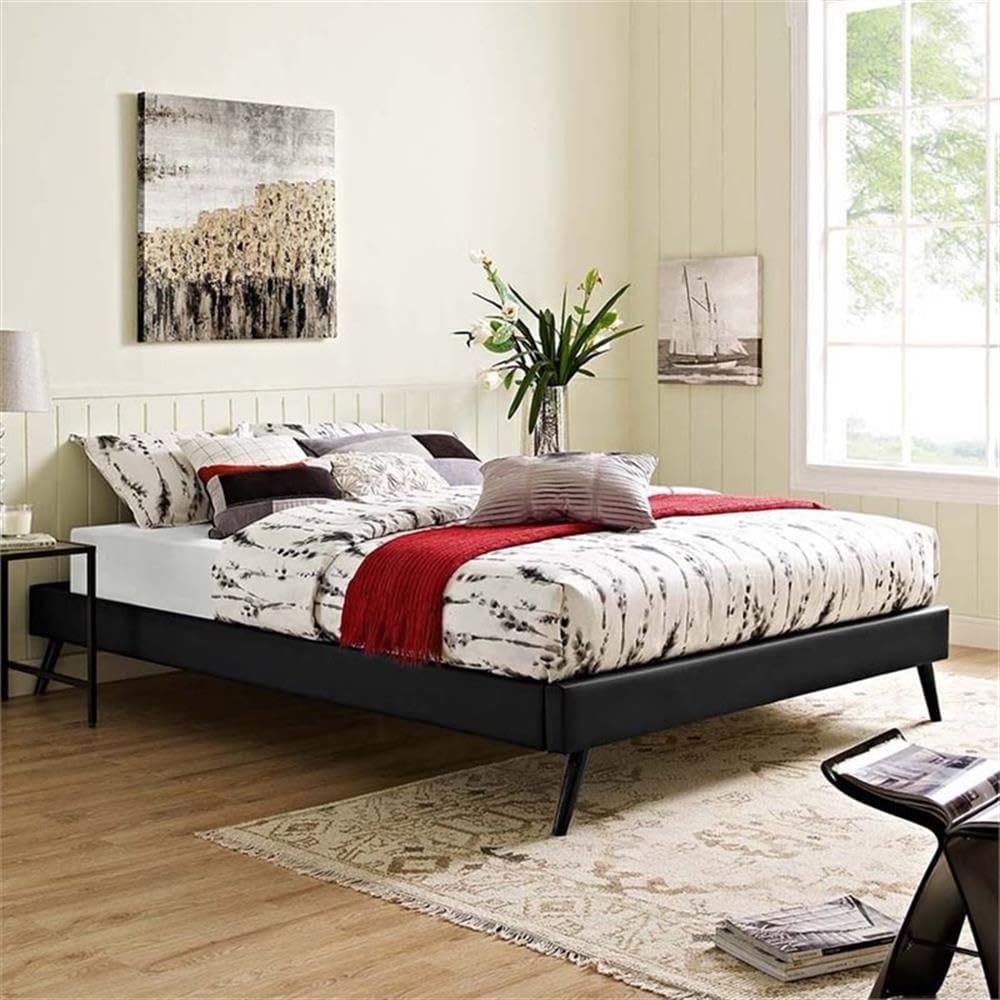Pemberly Row Set of 2 Full Bed Frame in Black and Nightstand in Walnut/White