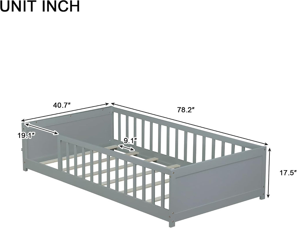 Twin Size Kids Montessori Floor Bed,Twin Floor Bed Frame with Slats and Bookcase,Solid Wood Montessori Bed for Girls Boys,Grey
