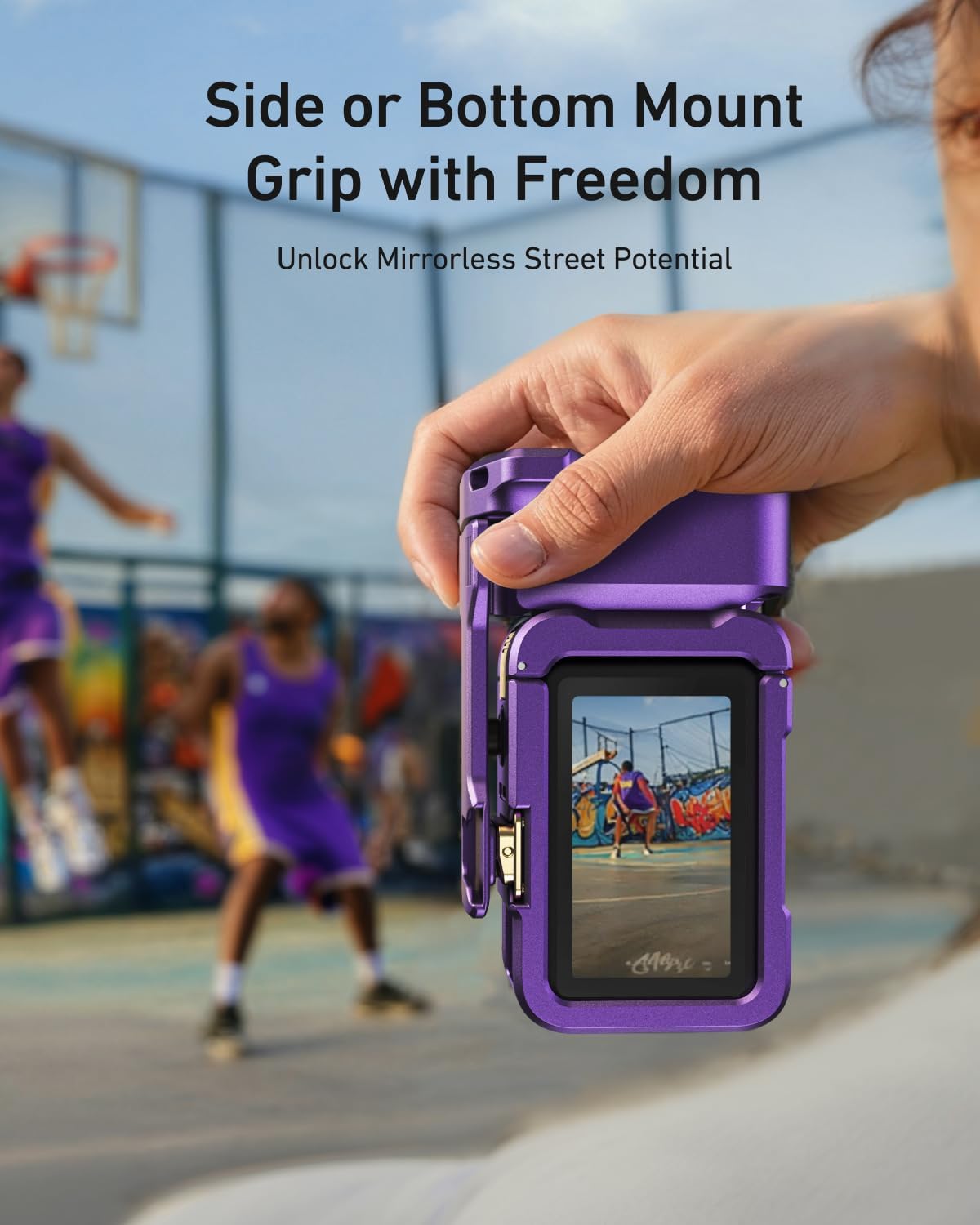 TELESIN Metal Aluminum Alloy Street Grip Kit for DJI Action 6 with Metal Cage Camera Grip Holder with Seesaw Shutter Button Aluminum Alloy Shell Backup TF Card Slot (Iridescent Purple-Gold)