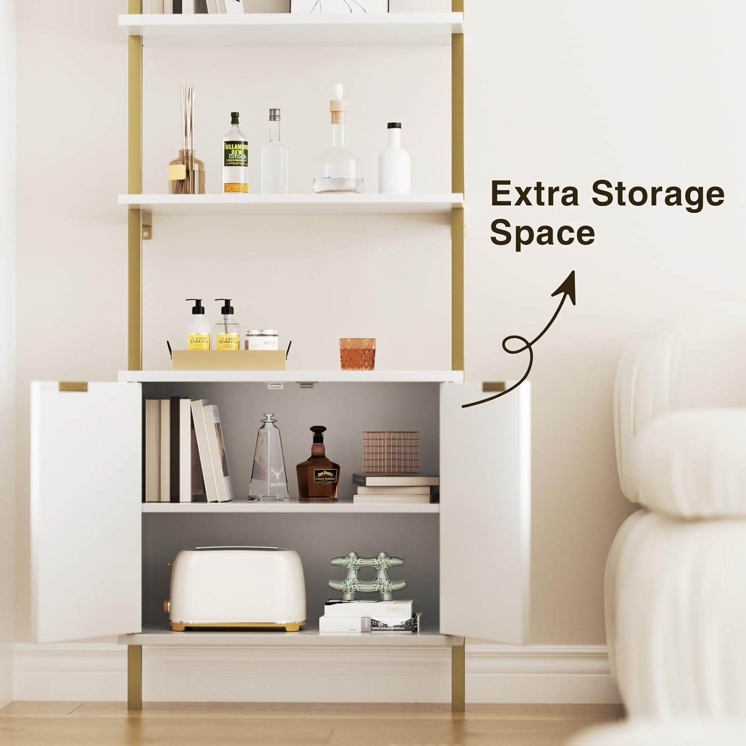 Halitaa Set of 2 White & Gold Ladder Shelf with Storage Cabinet, Modern Ladder Bookshelf with Doors, Wall Mount Bookcase with Metal Frame, Display Shelves for Living/Bed/Bathroom, Home Office