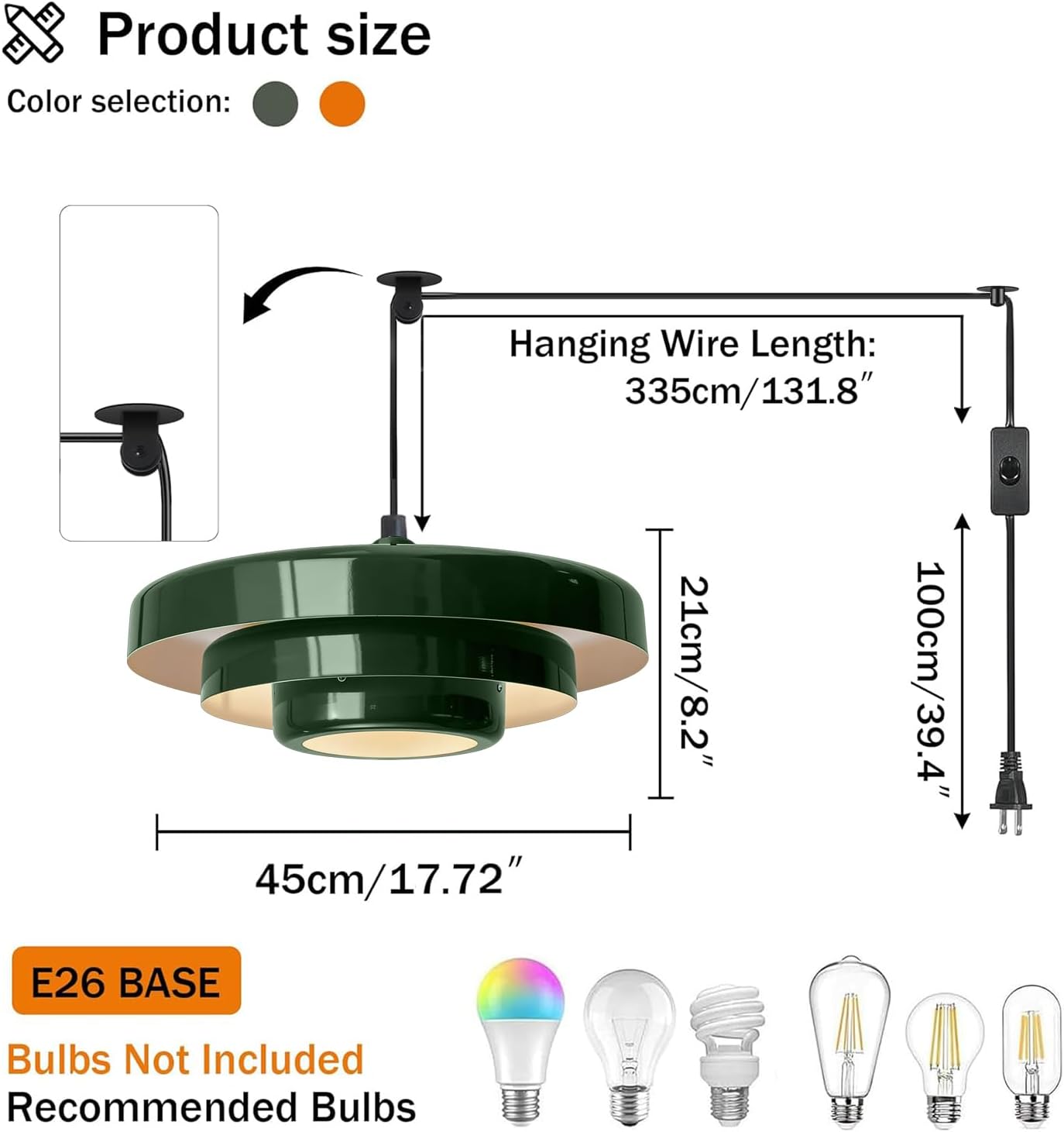 Plug-in Green Pendant Light, Mid Century Hanging Lamp Fixtures with Pulley and Plug in Cord 3-Layer Shade Nordic Style Pendant Lighting Metal Shade for Living Room Dining Room Bedroom Kitchen Island