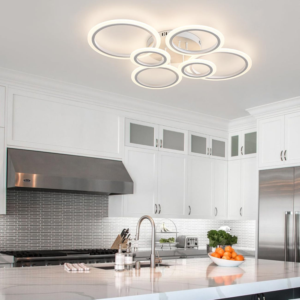 Shine LUEST 60W Modern LED Ceiling Light Fixture, Dimmable LED Chandelier Flush Mount Ceiling Lights Remote Control 6 Acrylic Ring Ceiling Lamp Fixture for Living Room Dining Room Bedroom, 7640LM