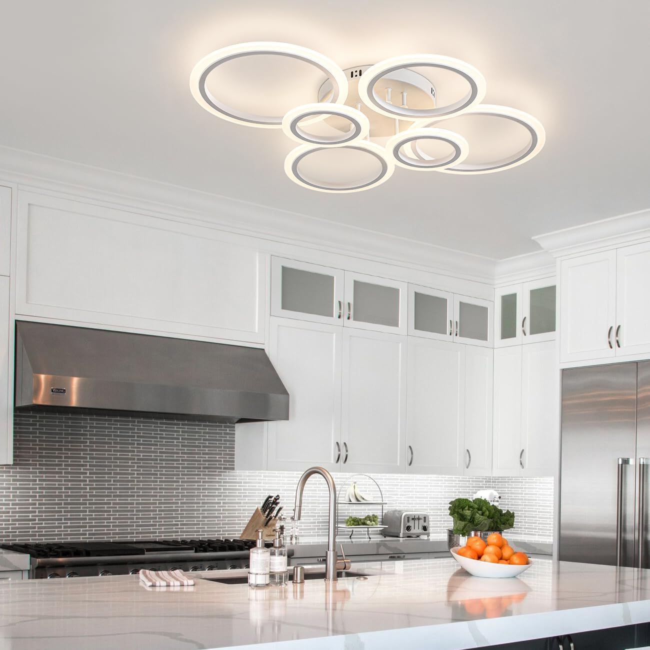 Shine LUEST 60W Modern LED Ceiling Light Fixture, Dimmable LED Chandelier Flush Mount Ceiling Lights Remote Control 6 Acrylic Ring Ceiling Lamp Fixture for Living Room Dining Room Bedroom, 7640LM
