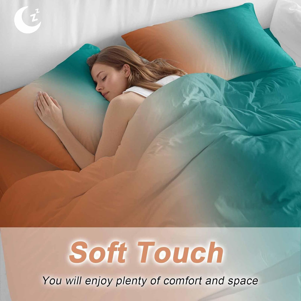 Gradient Green Orange Duvet Cover Set Queen Size 4 Pieces Modern Abstract Minimalist Teal Brown Ocean Beach Bedding Set with Zipper Closure,1 Comforter Cover 90x92 Inches 1 Flat Sheet & 2 Pillow Cases