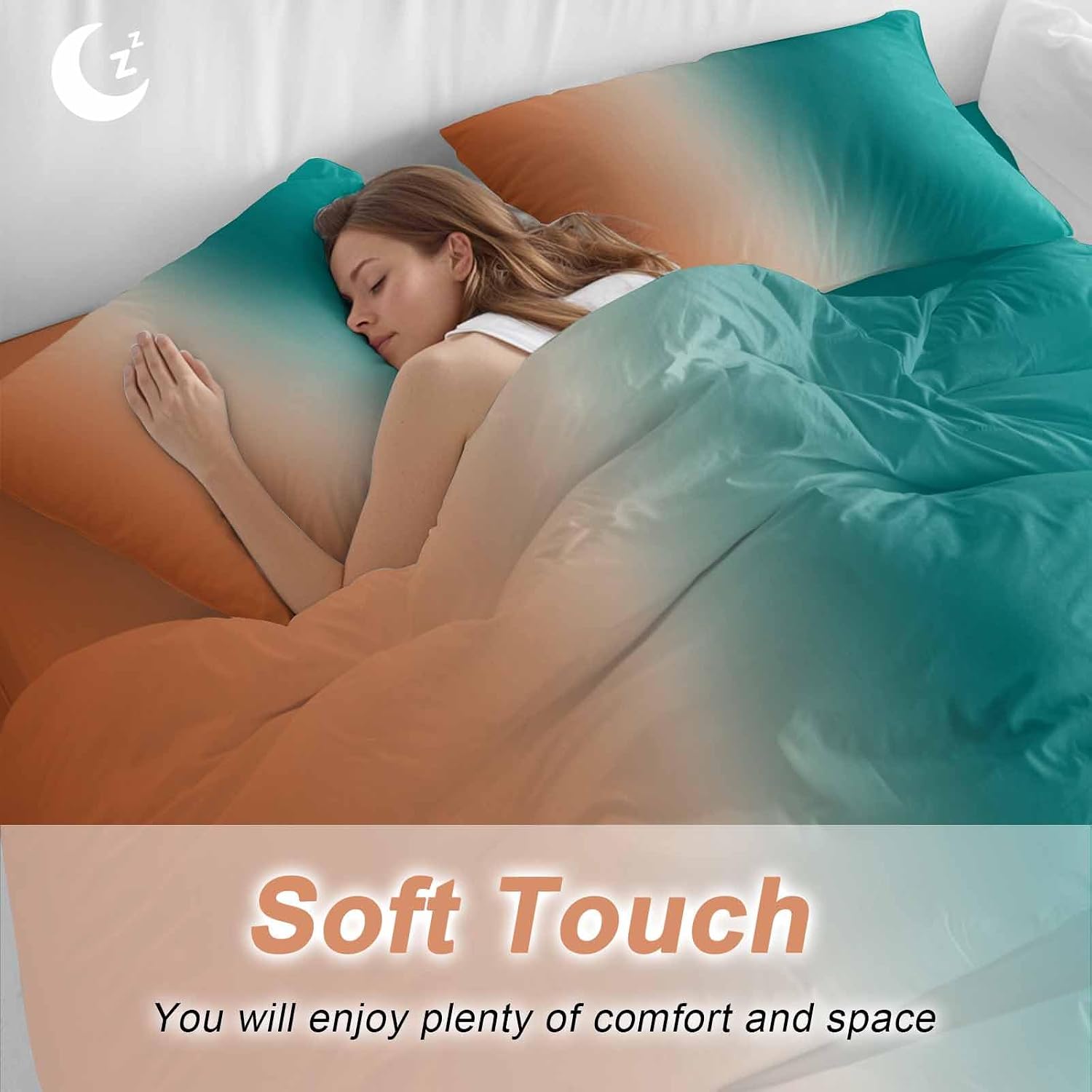 Gradient Green Orange Duvet Cover Set Queen Size 4 Pieces Modern Abstract Minimalist Teal Brown Ocean Beach Bedding Set with Zipper Closure,1 Comforter Cover 90x92 Inches 1 Flat Sheet & 2 Pillow Cases