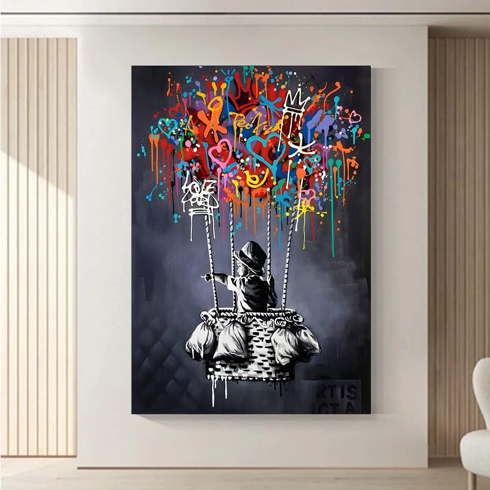 Framed Banksy Street Graffiti Wall Art Decor Large Abstract Pictures Canvas Painting Prints Colorful Modern Contemporary Poster Artwork Stretched for Wall Home Bathroom Bedroom Living Room Ready Hang (Framed Decor Art-01, 28x42inch (70x105cm))