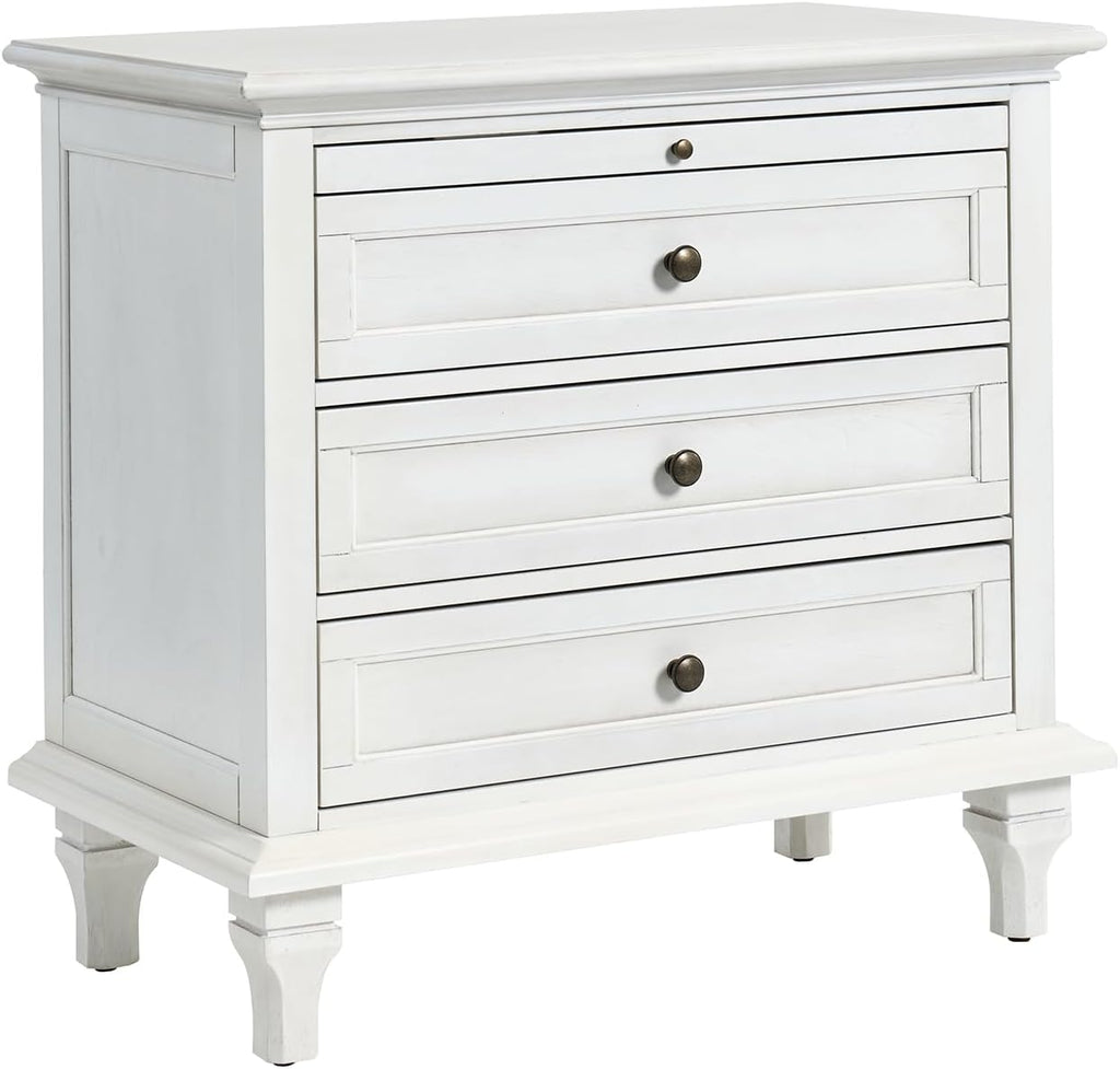 HULALA HOME Farmhouse 3 Drawer End Table with Tray, Drawer Organizer with Solid Wood Legs, End Table with Charging Station（White）