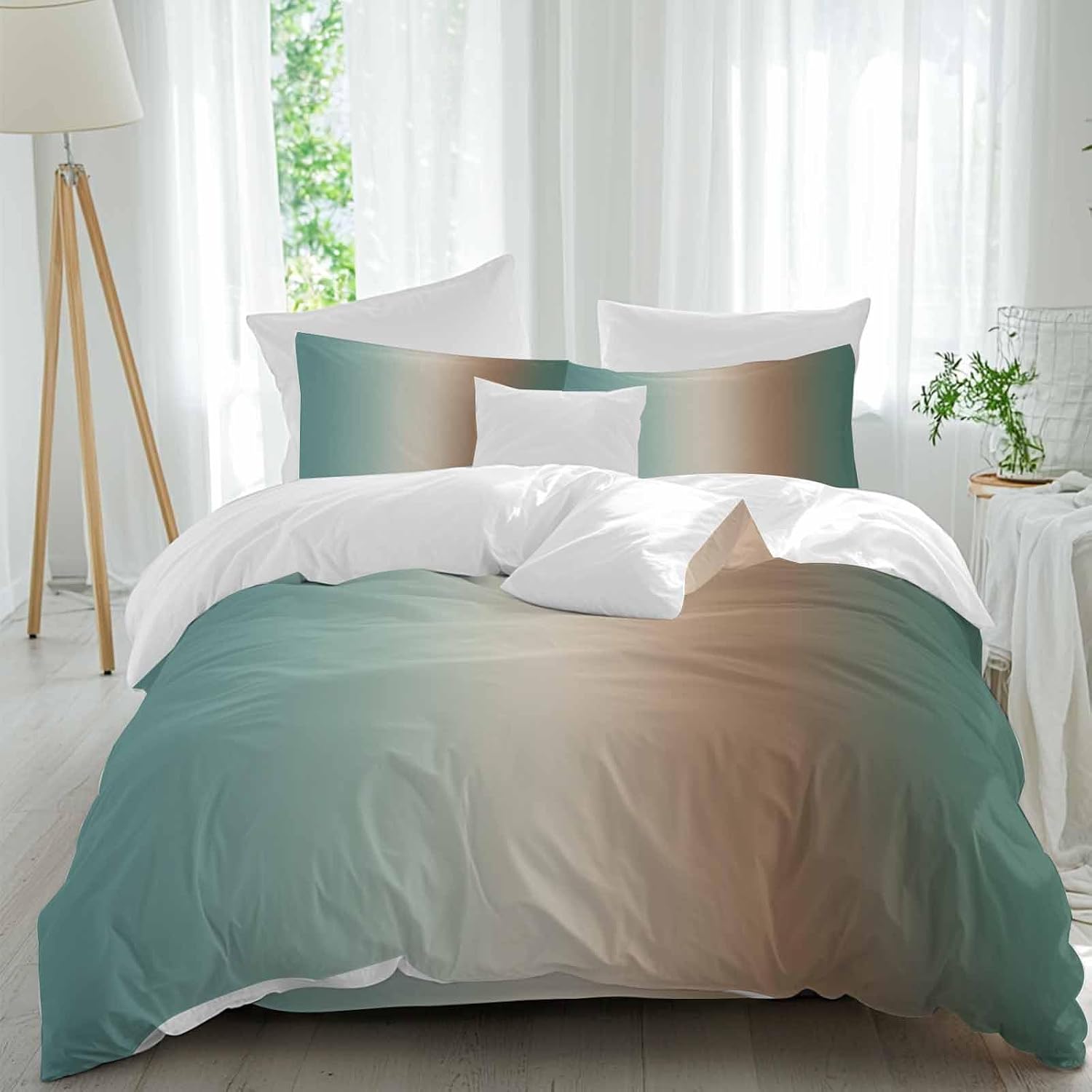 Prime Leader Gradient Green Duvet Cover Set Queen Size 4 Pieces Modern Minimalist Brown Green Ocean Beach Bedding Set with Zipper Closure, 1 Comforter Cover 90x92 Inches 1 Flat Sheet & 2 Pillow Cases