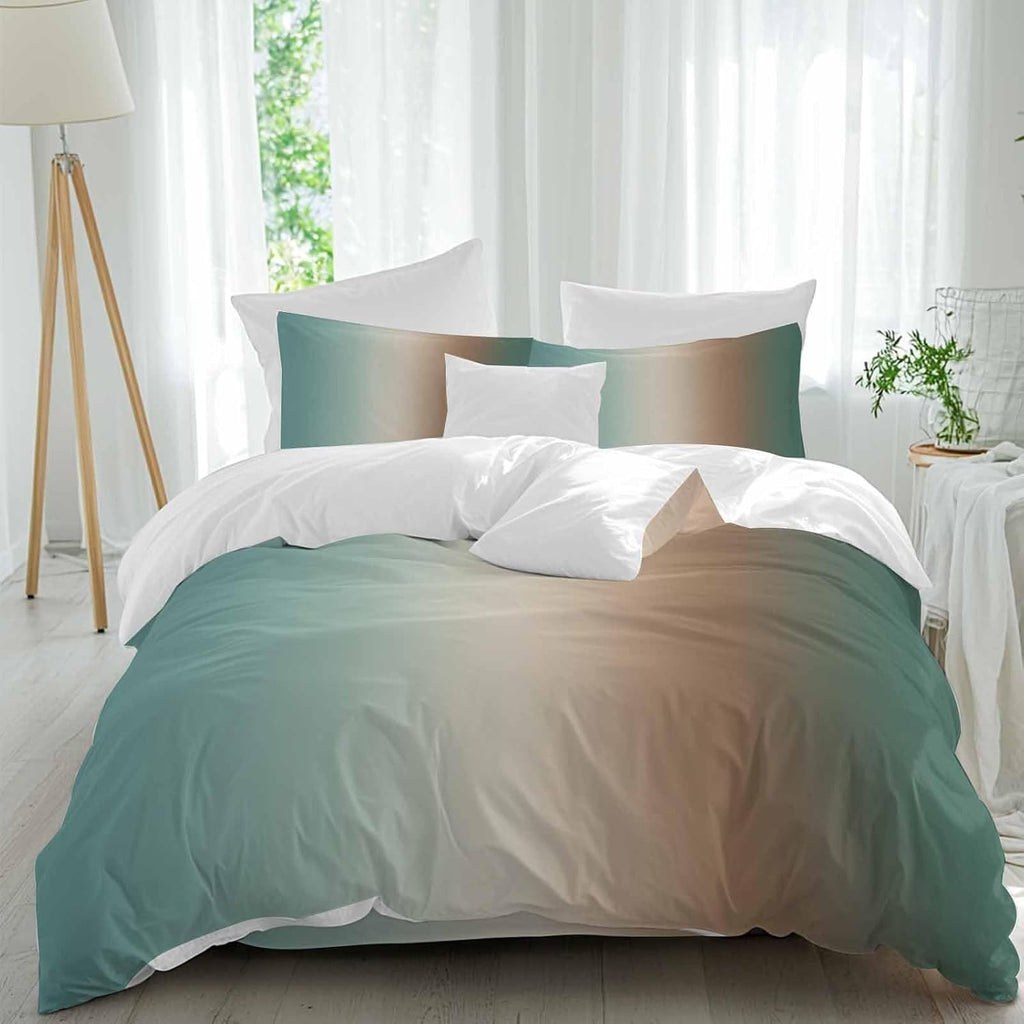 Prime Leader Gradient Green Duvet Cover Set Queen Size 4 Pieces Modern Minimalist Brown Green Ocean Beach Bedding Set with Zipper Closure, 1 Comforter Cover 86x86 Inches 1 Flat Sheet & 2 Pillow Cases