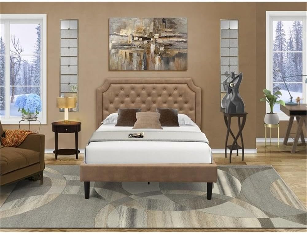 East West Furniture GB28F-1HI0M 2-Piece Platform Full Bed Set with Button Tufted Bed Frame and an Antique Mahogany Mid Century Modern Nightstand - Brown faux Leather with Brown Texture and Black Legs
