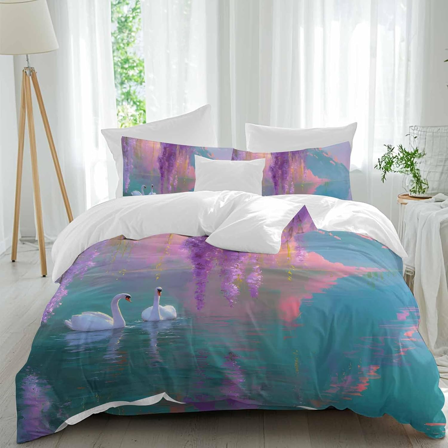 Swan Duvet Cover Set Queen Size 4 Pieces Oil Painting Spring Wisteria Gradient Pink Green Lake Bedding Set with Zipper Closure, 1 Comforter Cover 92x106 Inches 1 Flat Sheet & 2 Pillow Cases