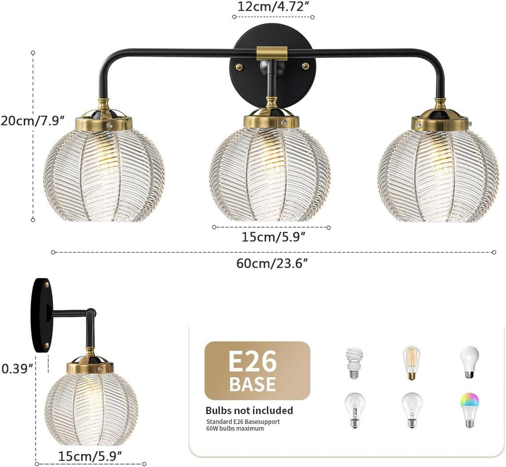 Bathroom Vanity Light Clear Glass Globe Wall Light Fixture Ribbed Glass Shade Mid Century Wall Sconce Lights Fixtures Over Mirror Modern Art Deco Sconces Farmhouse Bathroom Lighting