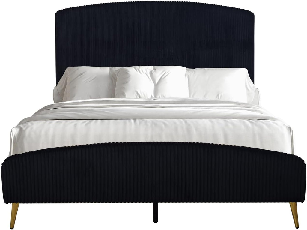 HomeStock Velvet Upholstered Panel Bed - Modern Black Bedroom Furniture King