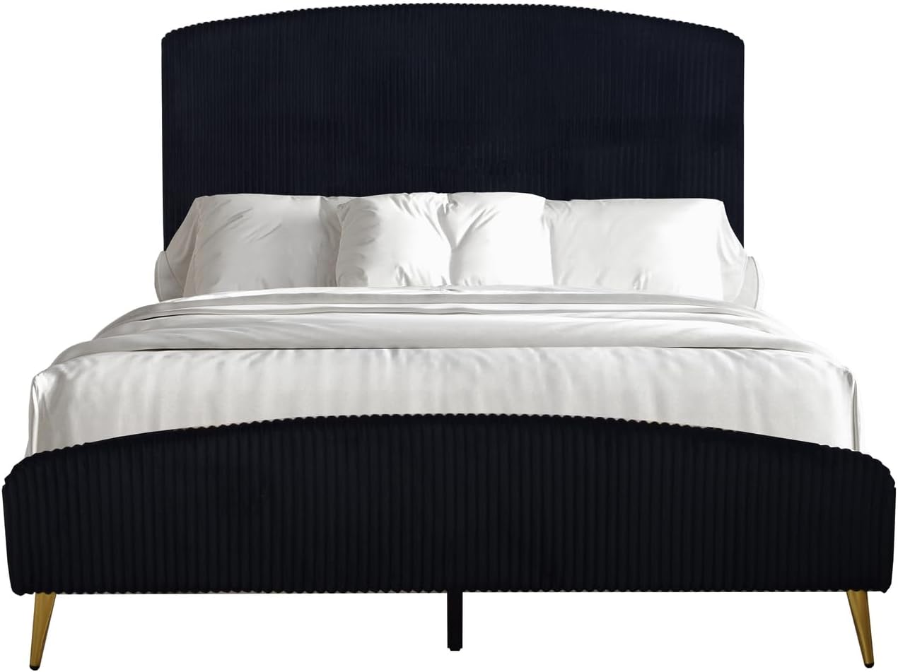 HomeStock Velvet Upholstered Panel Bed - Modern Black Bedroom Furniture King