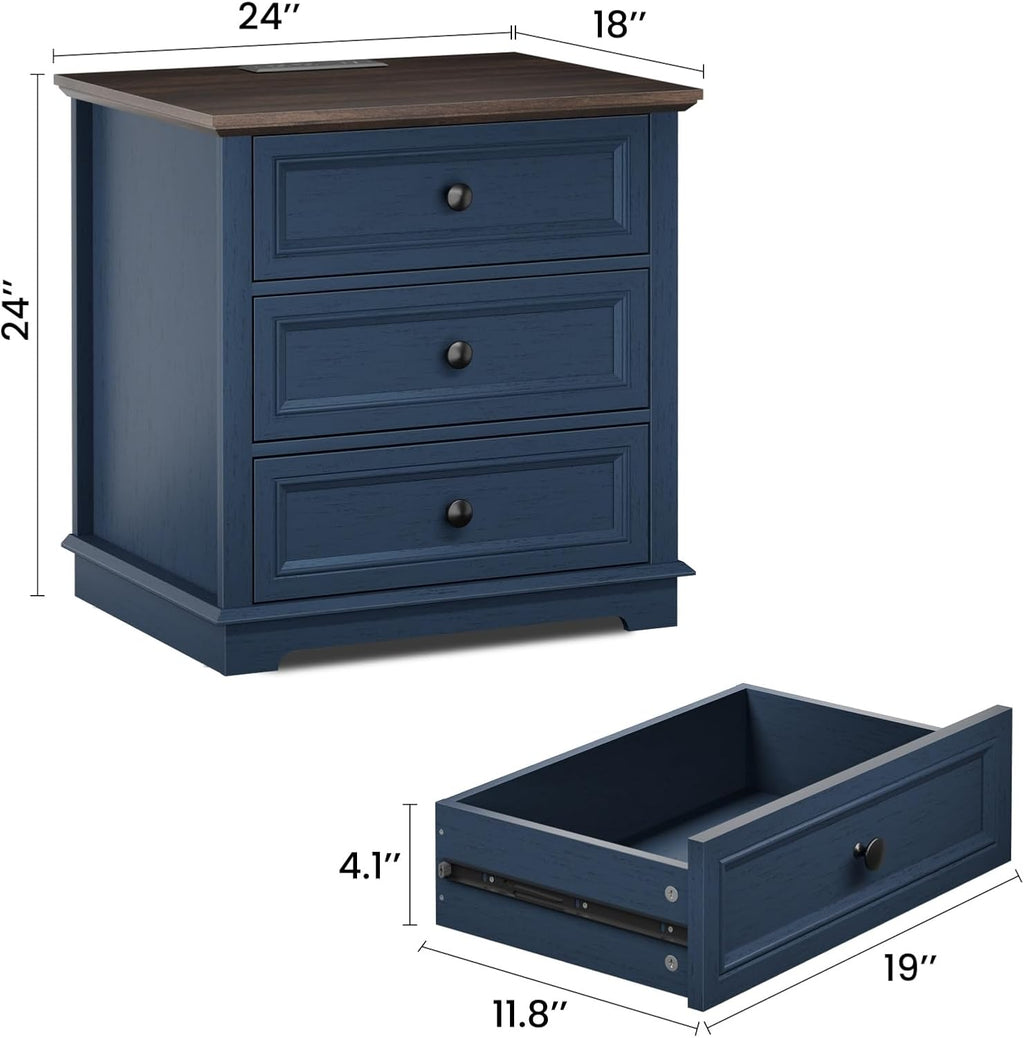 Nightstand with Charging Station Set, 24' Wide End Table with 3 Drawers Set of 2, Modern Bedside Table with Storage, Wood Small Dresser for Bedroom Room (Blue)