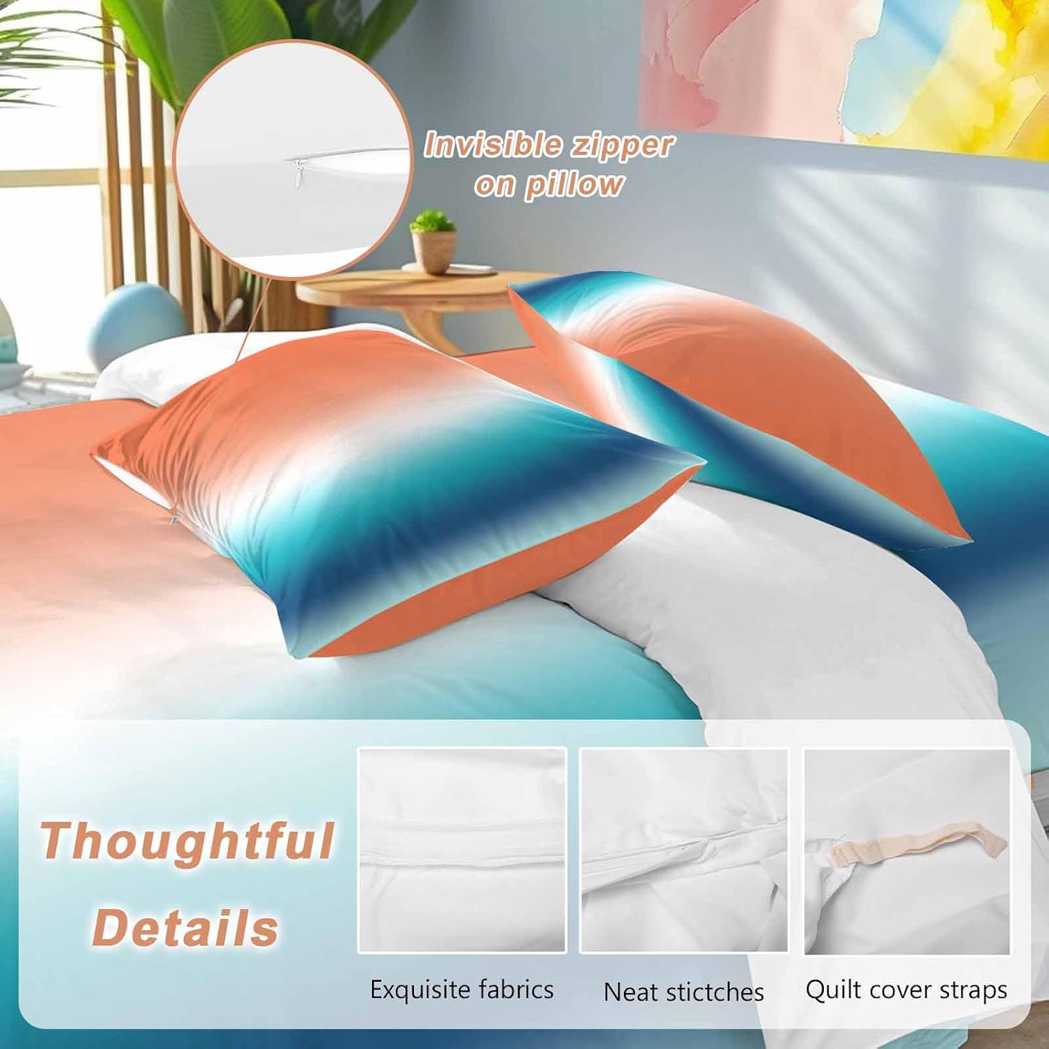 Gradient Orange Teal Duvet Cover Set Queen Size 4 Pieces Modern Abstract Minimalist Blue Ocean Beach Bedding Set with Zipper Closure, 1 Comforter Cover 92x106 Inches 1 Flat Sheet & 2 Pillow Cases