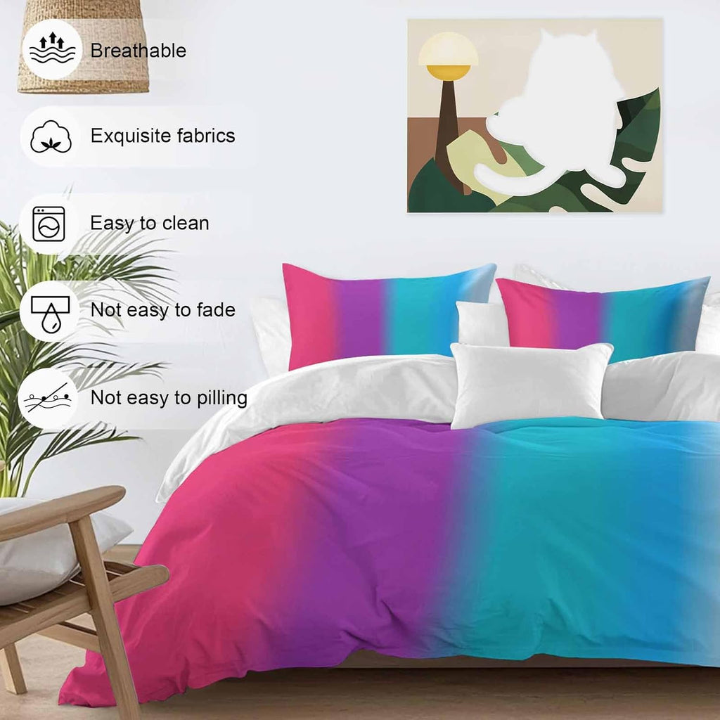 Gradient Art Duvet Cover Set Queen Size 4 Pieces Modern Pink Purple Teal Blue Color Stripes Ombre Bedding Set with Zipper Closure, 1 Comforter Cover 92x106 Inches 1 Flat Sheet & 2 Pillow Cases