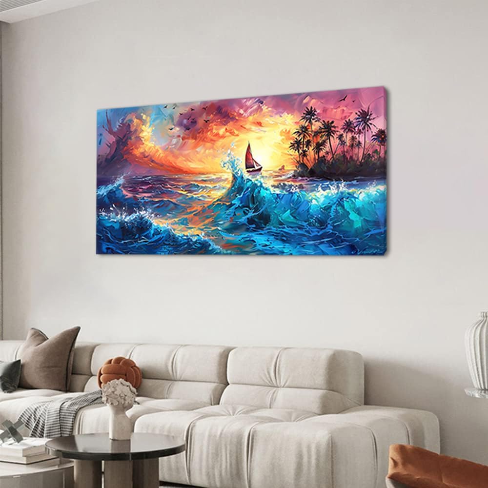 Piy Painting Sailboat Coconut Grove and Blue Waves Under the Sunset Oil Painting Style Wall Art Decor Artwork for Bedroom (30x60 Inches)