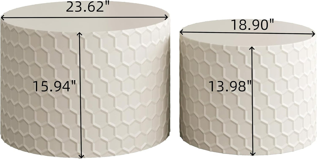 Round Nesting Coffee Table Set of 2, Modern Circular Side Table Set with Honeycomb Design, 2 Piece Nesting End Table Accent Tables Coffee Table for Living Room Bedroom Apartment - Beige