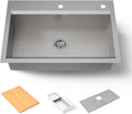 KOHLER 80084-2PC-NA Task™ 33' Top-/Undermount Single-Bowl Workstation Sink, Includes Kitchen Sink Accessories, Stainless Steel, 2 Faucet Holes