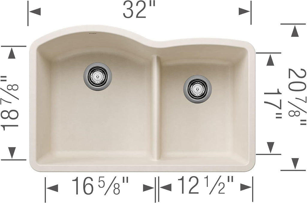BLANCO 443065 Diamond 60/40 Low Divide Double Bowl Kitchen Sink, 32' L X 21' W - Soft White