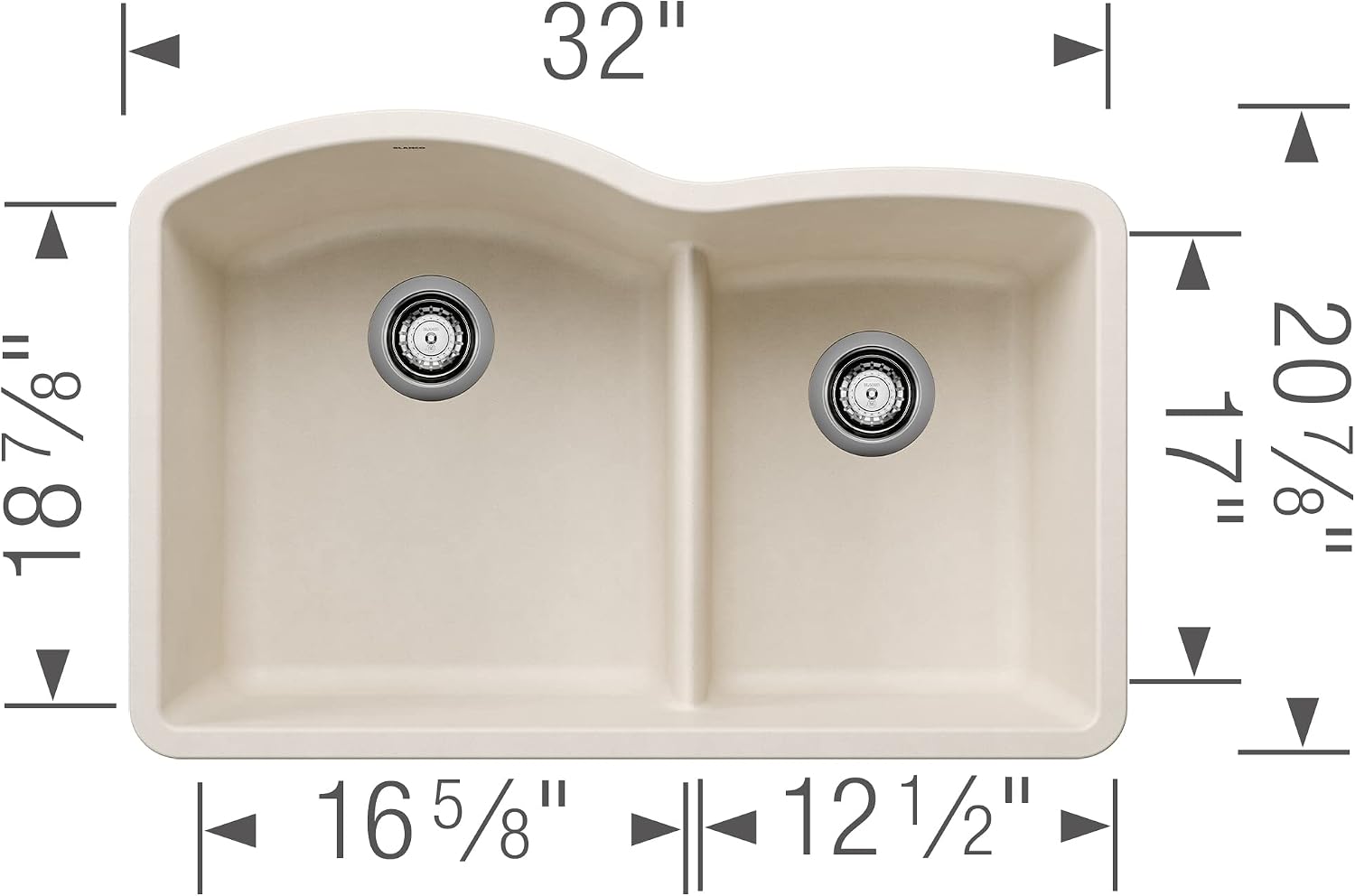 BLANCO 443065 Diamond 60/40 Low Divide Double Bowl Kitchen Sink, 32' L X 21' W - Soft White