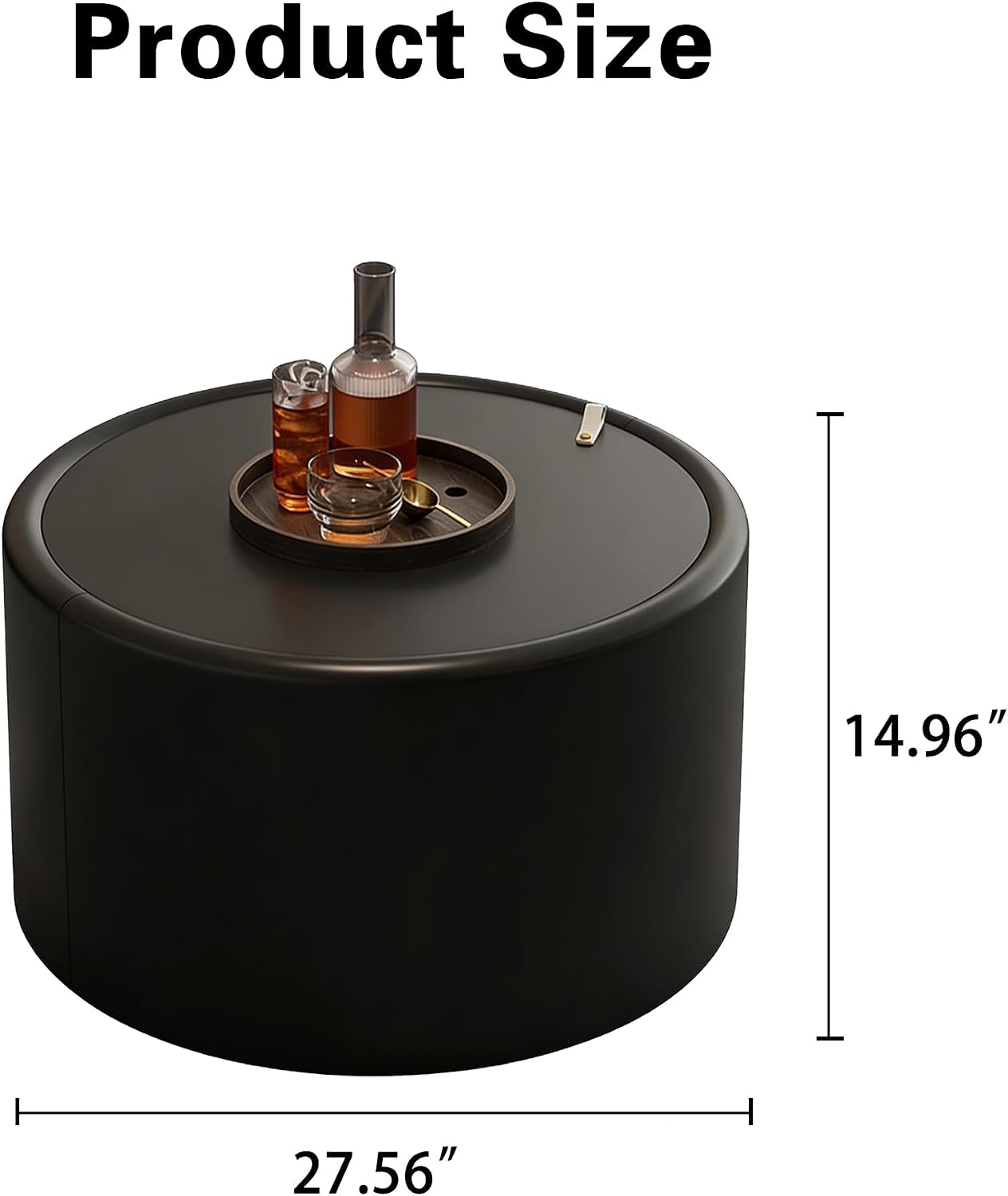 27.56' Black Round Coffee Table with Hidden Storage, Drum Coffee Table with Tempered Glass Top and PU Leather Body, Circle Cocktail Tea Table for Living Room, No Assemble
