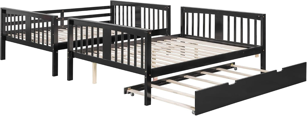 Harper & Bright Designs Full Over Full Bunk Bed with Trundle, Solid Wood Bunk Bed Frame with Ladders, Bedroom Furniture, Espresso