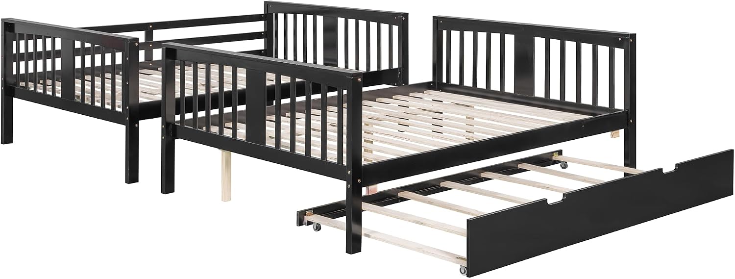 Harper & Bright Designs Full Over Full Bunk Bed with Trundle, Solid Wood Bunk Bed Frame with Ladders, Bedroom Furniture, Espresso