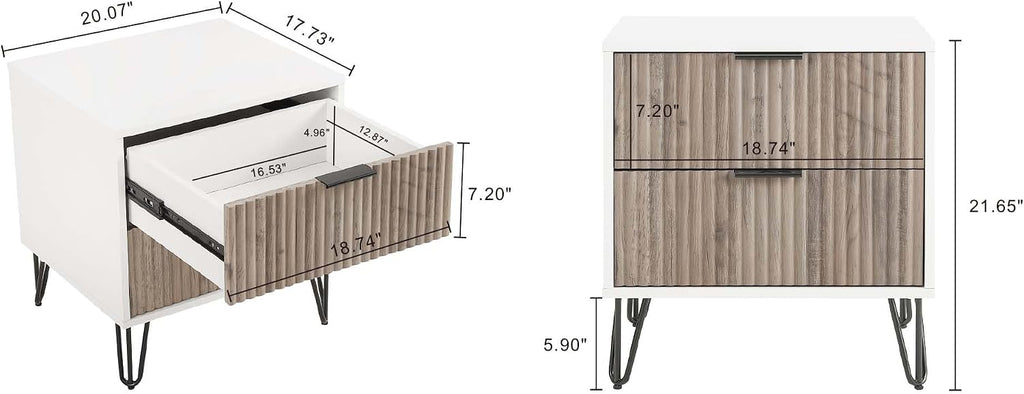 Manhattan Comfort Dumbo Fluted Nightstand with 2 Drawers, Gold Metal Legs and Metal Handles, Tool-Free Assembly Modern Bedside Accent Table with Storage for Bedroom, Living Room in White & Rustic Grey