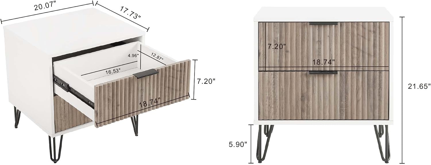 Manhattan Comfort Dumbo Fluted Nightstand with 2 Drawers, Gold Metal Legs and Metal Handles, Tool-Free Assembly Modern Bedside Accent Table with Storage for Bedroom, Living Room in White & Rustic Grey