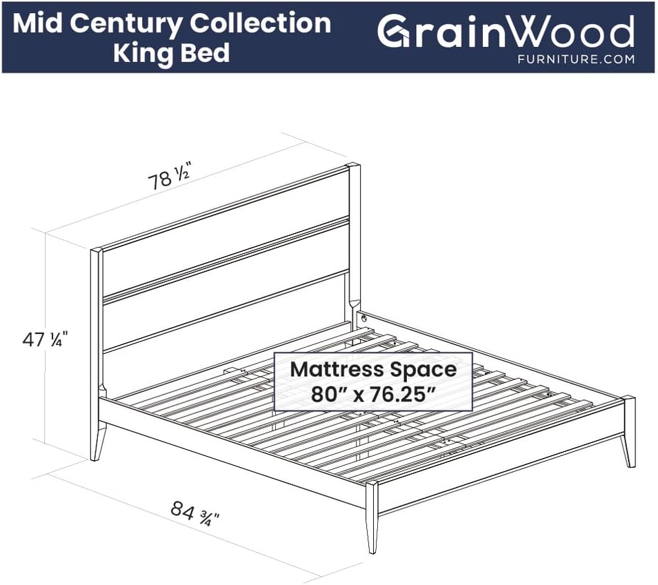 Grain Wood Furniture Mid Century Solid Wood Platform Bed, King Size, Brushed Natural