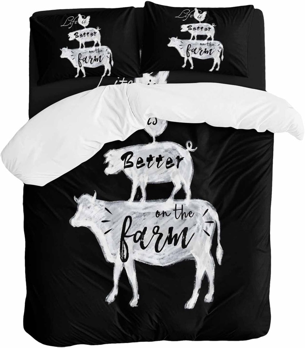 Prime Leader Retro Farm Duvet Cover Set Queen Size 4 Pieces Chicken Pig Cow Farmhouse Animal Black White Bedding Set with Zipper Closure, 1 Comforter Cover 92x106 Inches 1 Flat Sheet & 2 Pillow Cases
