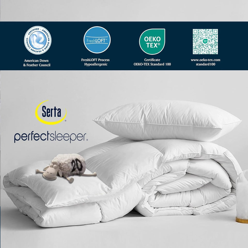 Serta Goose Feather Down Fiber Cotton Comforter Queen Size - 100% Cotton Duvet Insert - Hotel Luxury Hypoallergenic Bedding Comforter All Season Medium Warmth 90 x 90 Inch White,(Pack of 4)