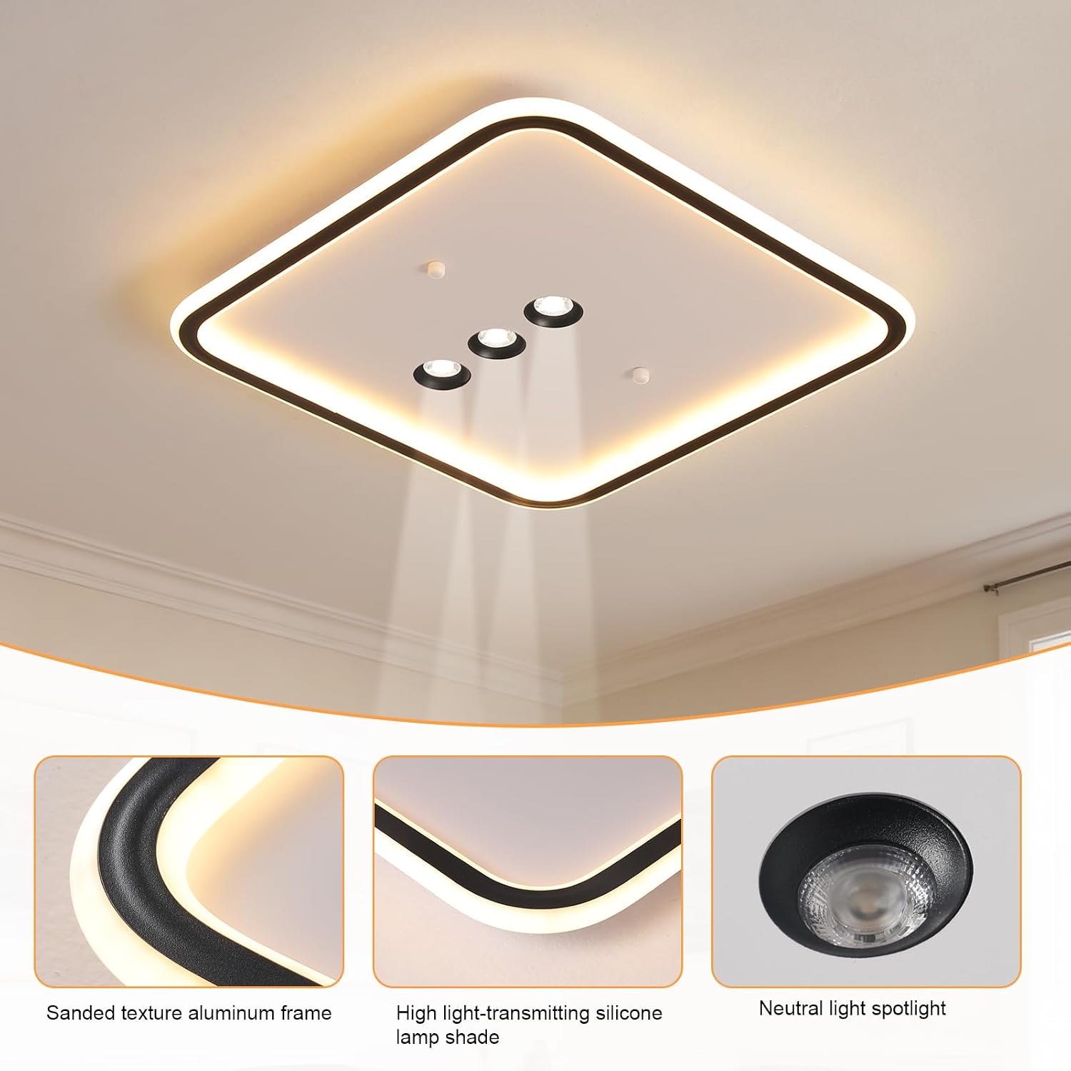 Shine LUEST Square Diamond LED Ceiling Light with 3 Adjustable Spotlights, Dimmable Flush Mount Lighting Fixture, Black & White for Bedroom Living Room Kitchen Hallway