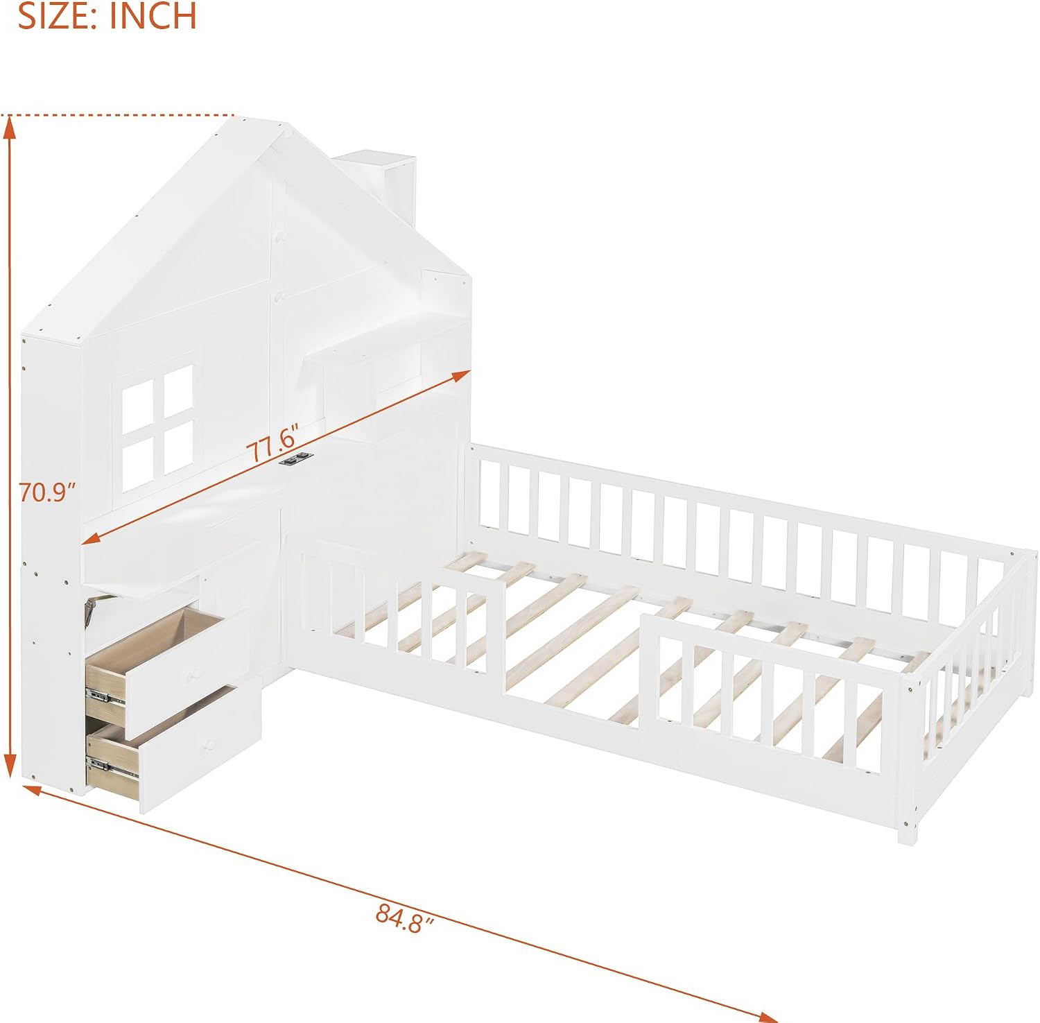 Flieks Twin Size House Bed Frame for Boys Girls Kids Toddler with Window and Bedside Drawers, Platform Bed with Shelves and a Set of Sockets and USB Port, White