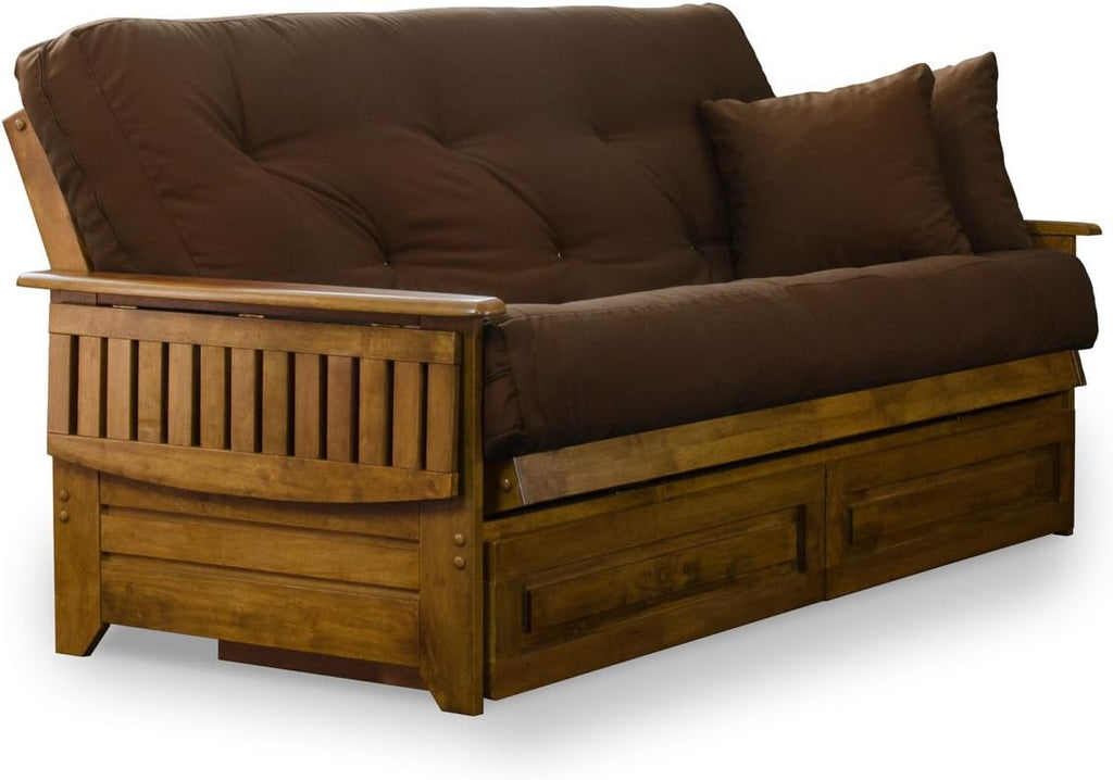Nirvana Futons Brentwood Tray Arm Futon Frame, Drawers, and Microfiber Fudge Mattress Set - Full, Heritage Finish