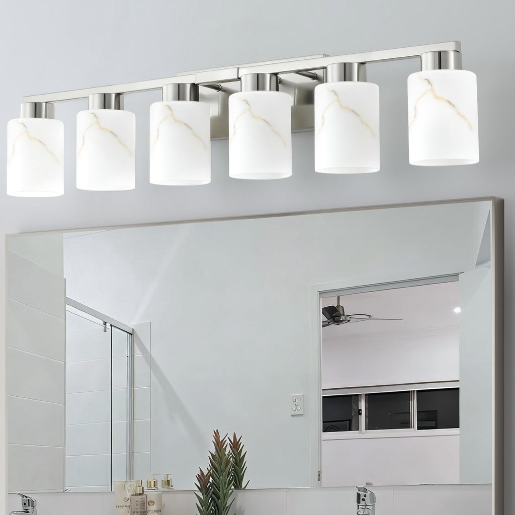 6-Light Bathroom Light Fixtures, Modern Vanity Lights, Brushed Nickel Metal Wall Lamp with White Marble Glass for Bathroom, Mirror, Living Room, Bedroom, Cabinet, Porch, Hallway, E26 Base