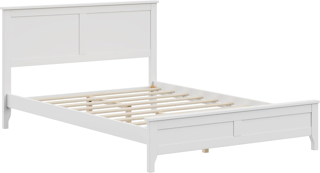 12 Inch Deluxe Full Size Bed Frame with Headboard, Mid Century Retro Style Brown Wood Platform Beds Frames, No Box Spring Needed, 13 Strong Wooden Slat Support, Easy Assembly (White, Full)