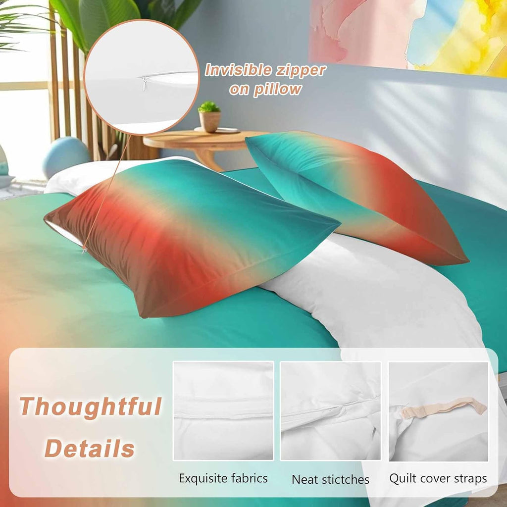 Bohemian Gradient Red Duvet Cover Set Queen Size 4 Pieces Modern Minimalist Green Brown Ocean Beach Bedding Set with Zipper Closure, 1 Comforter Cover 90x92 Inches 1 Flat Sheet & 2 Pillow Cases