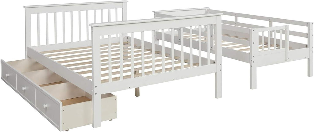 Twin Over Full Bunk Bed with 3 Drawers and Staircase,Can be Separated into 2 Beds,Wood Floor Bunk Bed Frame with Storage Shelf and Full-Length Safety Guardrail for Kids Teens Adults,Space Saving,White