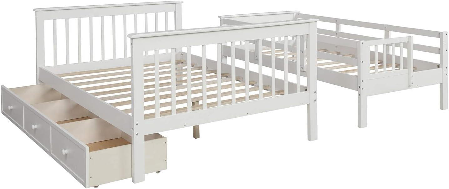 Twin Over Full Bunk Bed with 3 Drawers and Staircase,Can be Separated into 2 Beds,Wood Floor Bunk Bed Frame with Storage Shelf and Full-Length Safety Guardrail for Kids Teens Adults,Space Saving,White