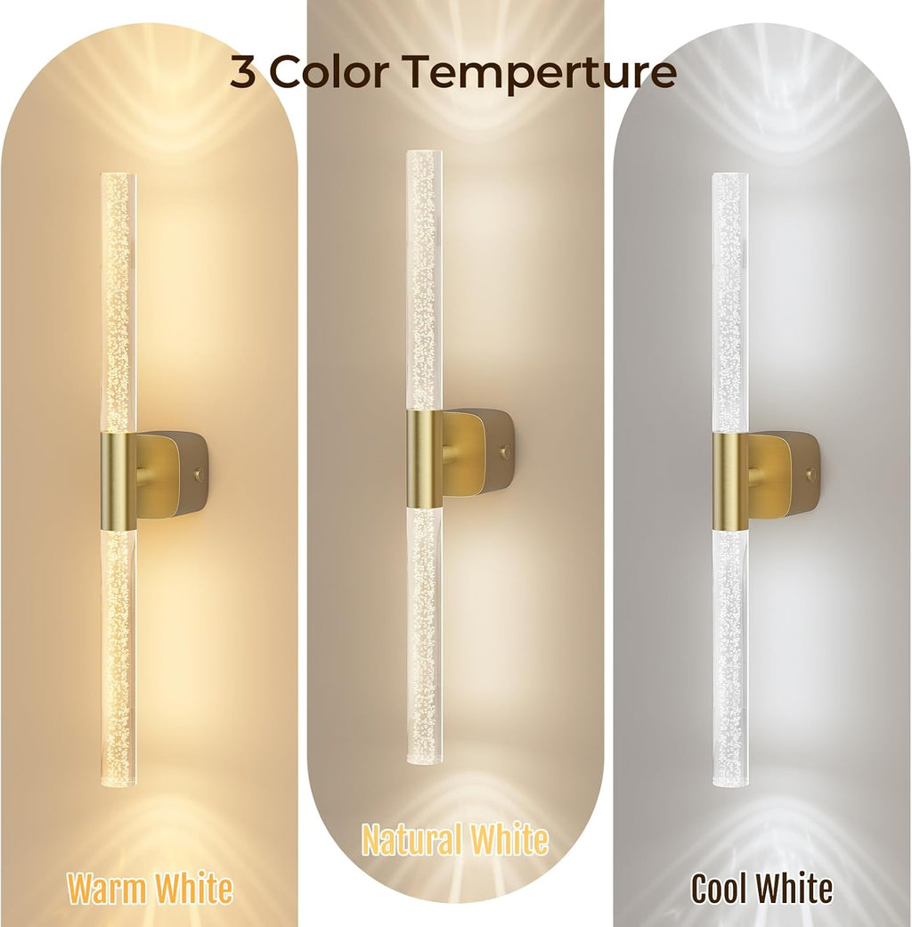Battery Operated Wall Sconce Set of 2 Brushed Gold 12000mAh Rechargeable Wall Light with Crystal Acrylic 24' Wireless CCT Dimmable 350°Rotate Remote Wall Lamp for Bedroom Living Room