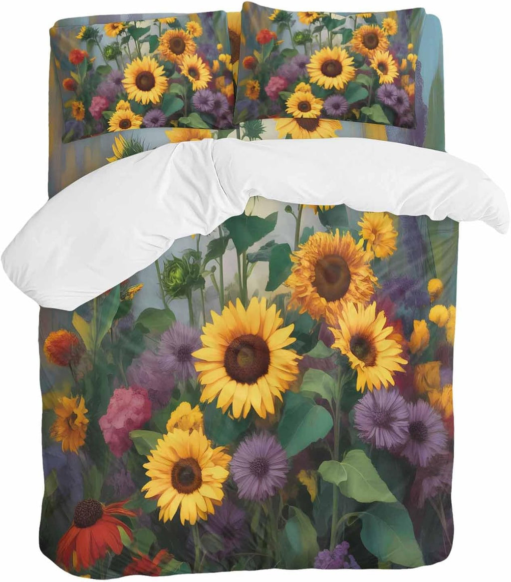 Spring Florals Duvet Cover Set Queen Size 4 Pieces Watercolor Sunflowers Country Green Leaves Bedding Set with Zipper Closure, 1 Comforter Cover 92x106 Inches 1 Flat Sheet & 2 Pillow Cases