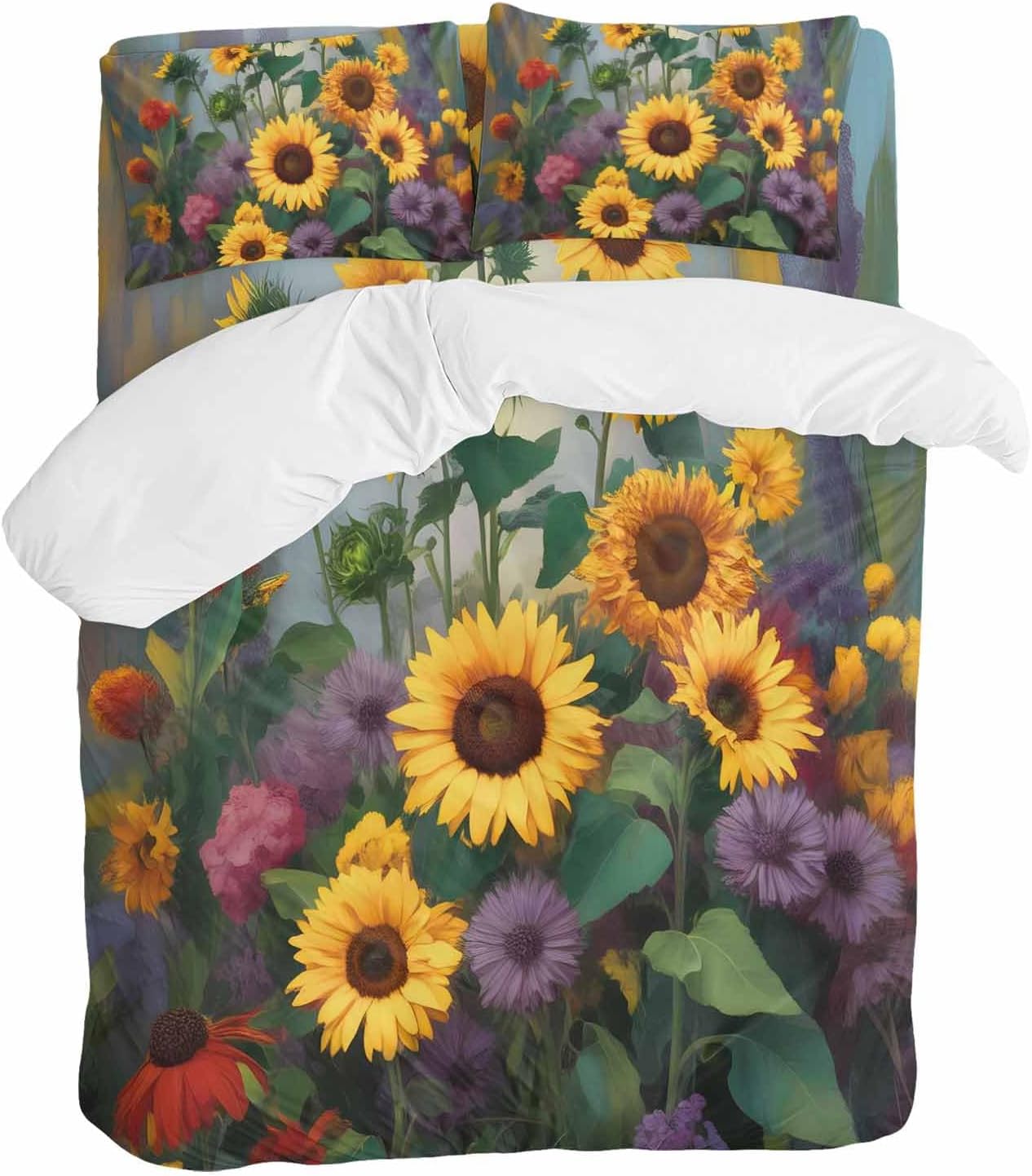 Spring Florals Duvet Cover Set Queen Size 4 Pieces Watercolor Sunflowers Country Green Leaves Bedding Set with Zipper Closure, 1 Comforter Cover 92x106 Inches 1 Flat Sheet & 2 Pillow Cases